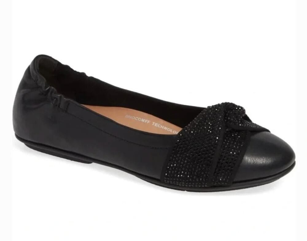 FitFlop Twiss Crystal Ballet Flat 6 Black Leather Fit Flop Comfort Slip On
